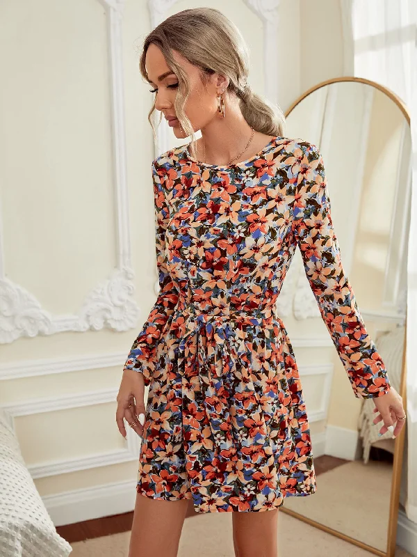 All Over Print Button Long Sleeve Round Neck Flared High Waist Short Dress