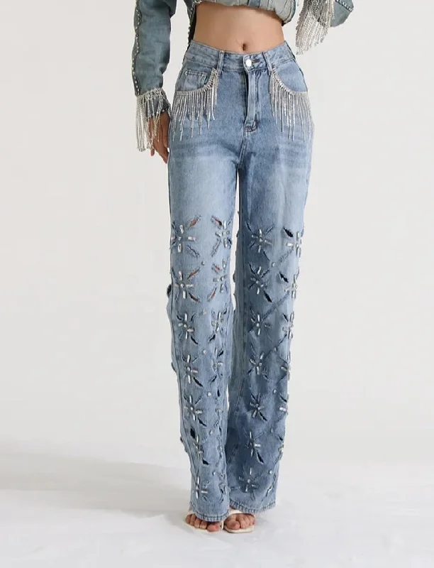 Fashionella Rhinestone Hollow Out Tassel High Waist Women Jeans