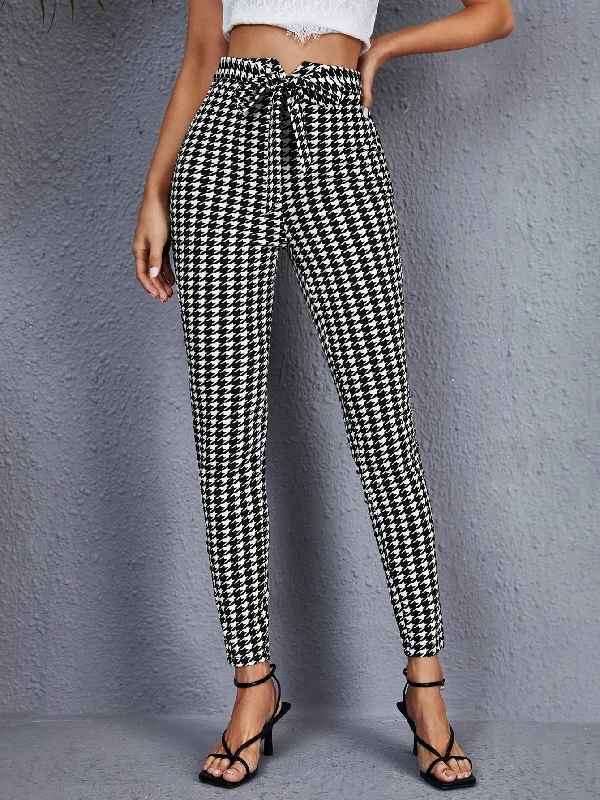 Casual Houndstooth Belted High Waist Cropped Women Pants