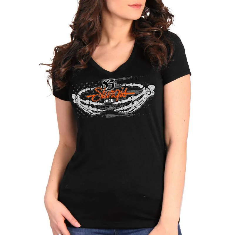 2025 Sturgis Women's Motorcycle Rally Skeleton Hands Black Ladies T-Shirt