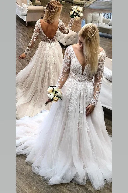 See-through Lace Long Sleeves Wedding Gowns Tulle Skirt Contemporary 