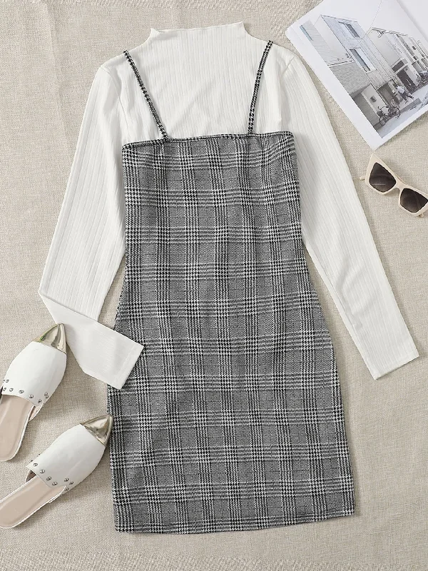 Plaid Long Sleeve Stand Collar Pencil High Waist Short Dress