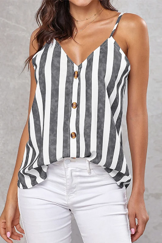 Casual Striped Buckle V Neck Tops