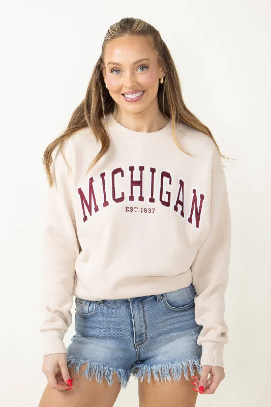 1897 Active Embroidered Michigan Fleece Sweatshirt for Women in Cream | GT-079-CREAM