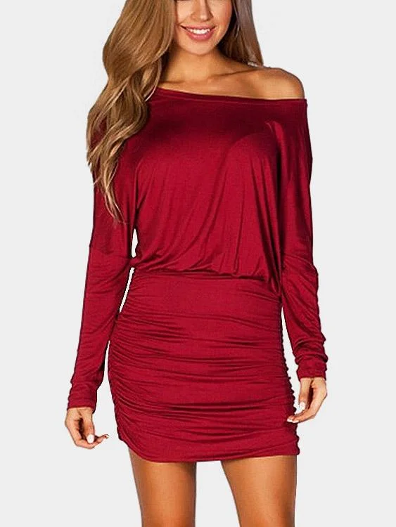 Wholesale Red Off The Shoulder Long Sleeve Plain Bodycon Mini Dresses