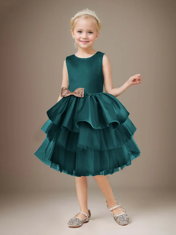 Fairytale Tiered Sequins Bow Satin Short Flower Girl Dresses