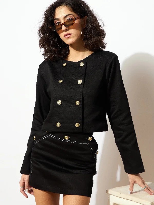 Women Black Twill Double Breasted Crop Blazer