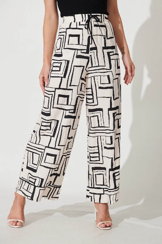 Santa Monica Pants In Cream With Black Geometric Linen Blend