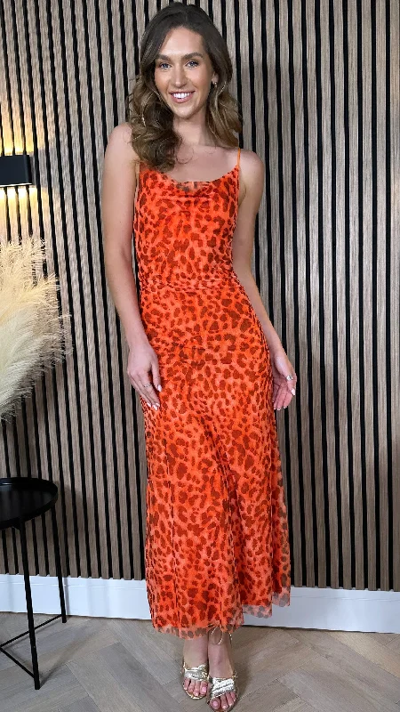 Danika Orange Animal Printed Cami Strap Midi Dress