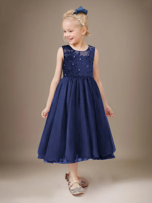 Lovely Sequins Appliques Bow Back Tulle Satin Flower Girl Dresses