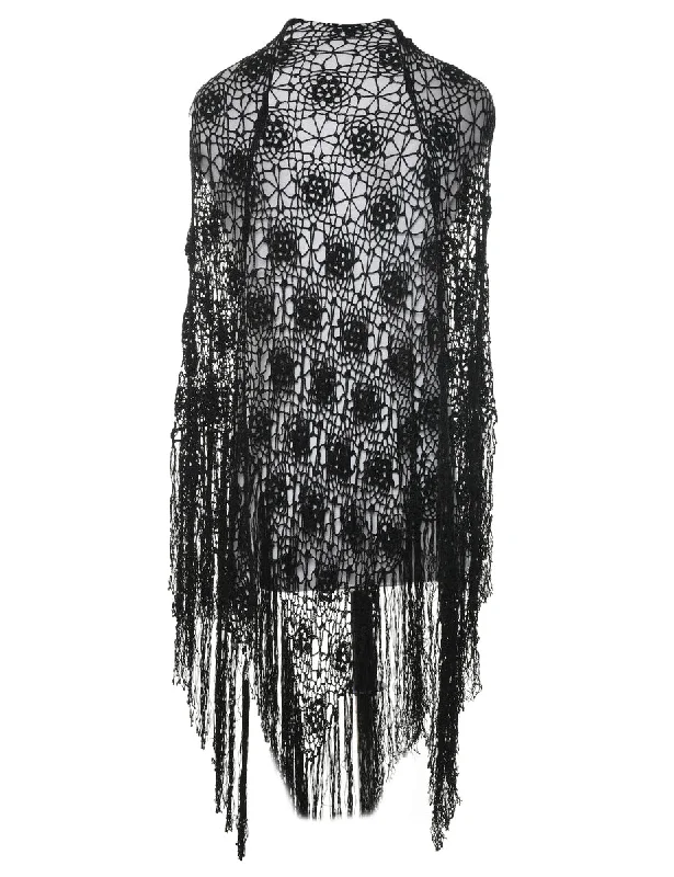 Black Crochet 1990s Fringed Cape - M