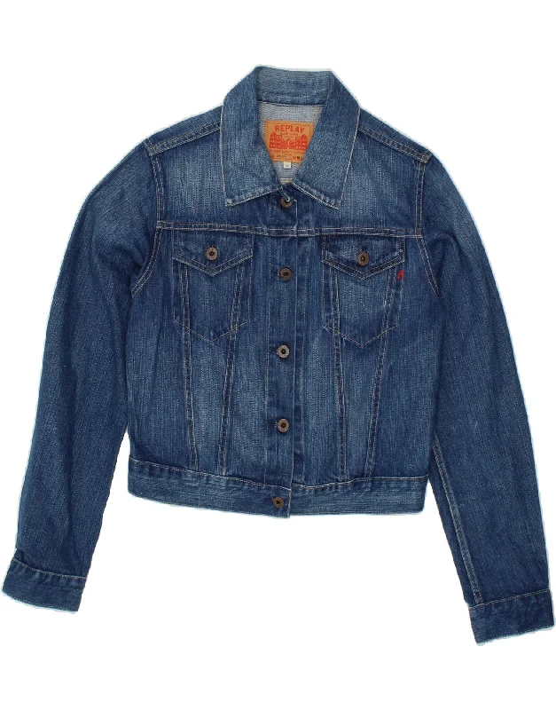 REPLAY Womens Crop Denim Jacket UK 12 Medium Blue Cotton