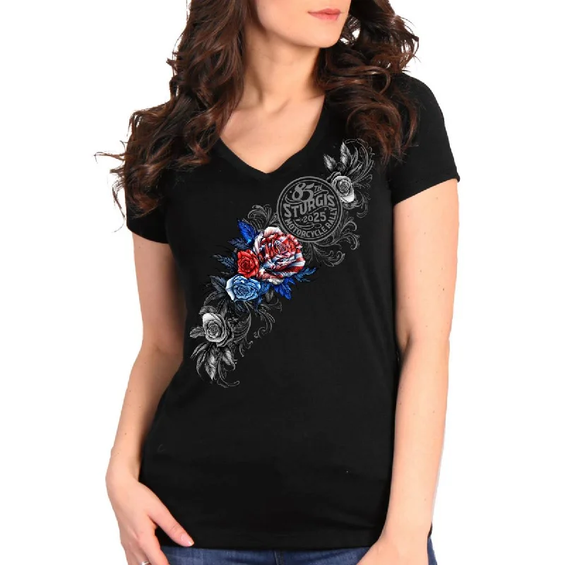 2025 Sturgis Women's Motorcycle Rally Patriotic Roses Black Ladies T-Shirt