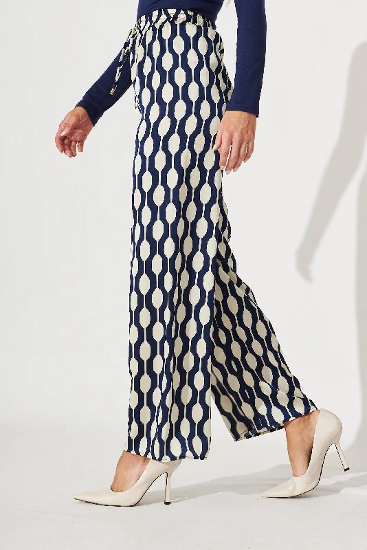 Odette Pant In Navy With Cream Geometric Print Satin