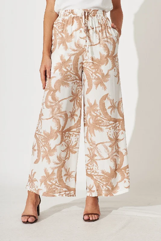 Santa Monica Pants In Cream With Brown Palm Print