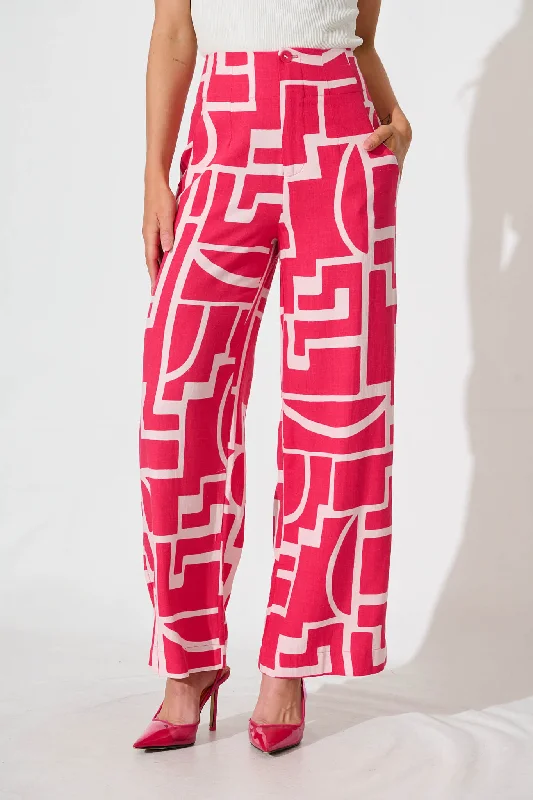 Posy Pant In Pink With Pink Print Linen Blend