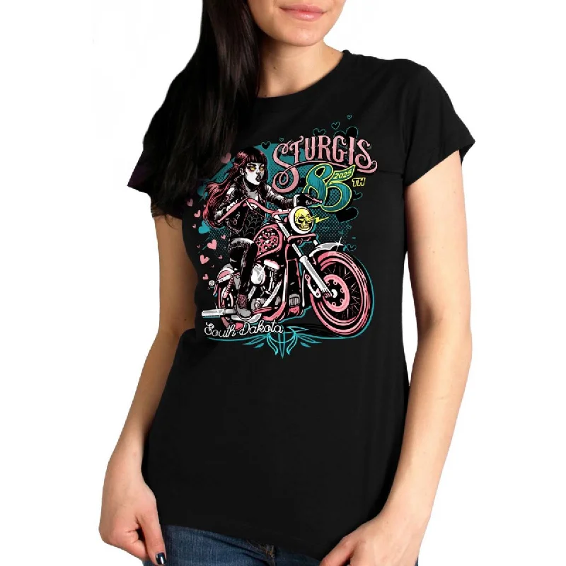 2025 Sturgis Women's Motorcycle Rally Pink Lady Black Ladies T-Shirt