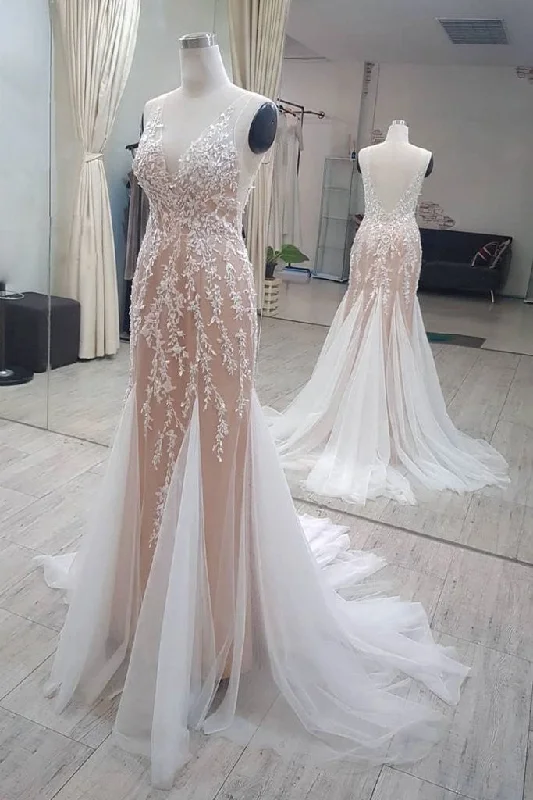 V-neckline Sheath Bridal Dresses Lace with Ivory Pieces Skirt Adventure