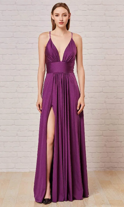 J'Adore Dresses - J18042 Plunging V-Neck Empire High Slit Gown