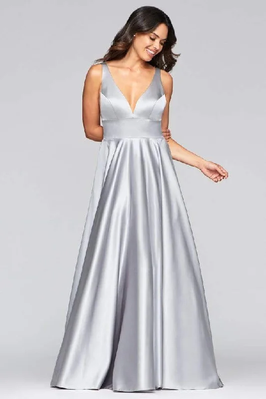 Faviana - S10474 V-Neck Empire Modest Prom Satin Dress