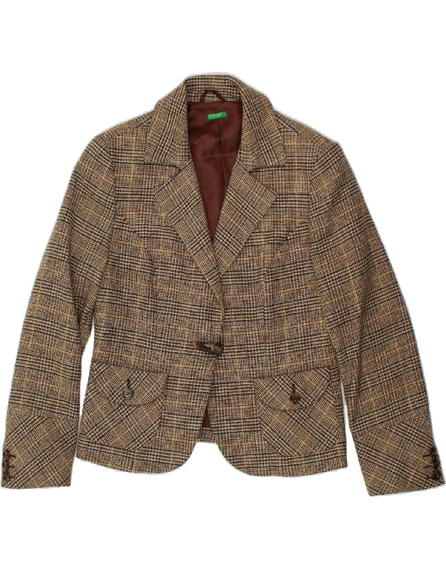 BENETTON Womens 1 Button Blazer Jacket IT 46 Large Brown Check Wool