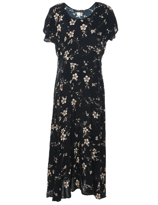 Black Floral Print Maxi Dress - L