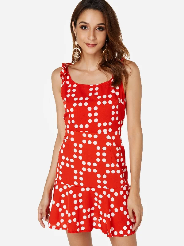 Wholesale Red Round Neck Sleeveless Polka Dot Spaghetti Strap Irregular Hem Mini Dress