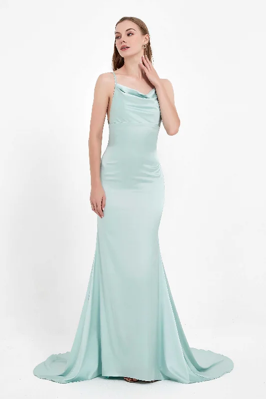 Cowl Neck Open Back Elegant Satin Dress