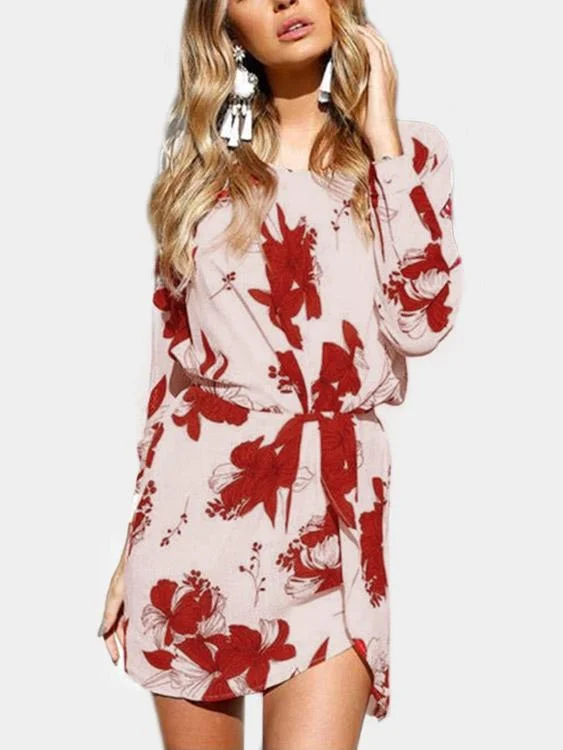 Wholesale Red Round Neck Long Sleeve Floral Print Slit Hem High Waist Mini Dresses