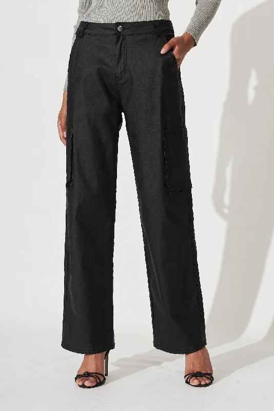 Megan Cargo Pant In Black Wet Look Cotton Blend