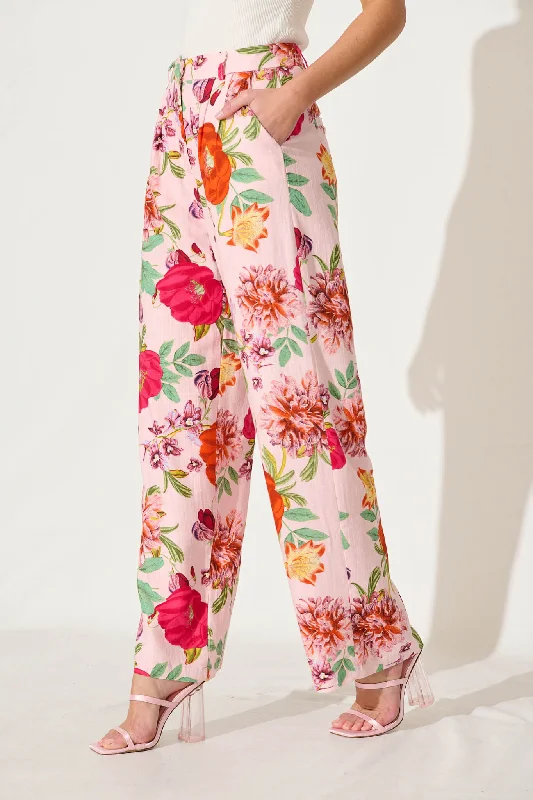 Santana Pant In Pink With Bright Floral Linen Blend