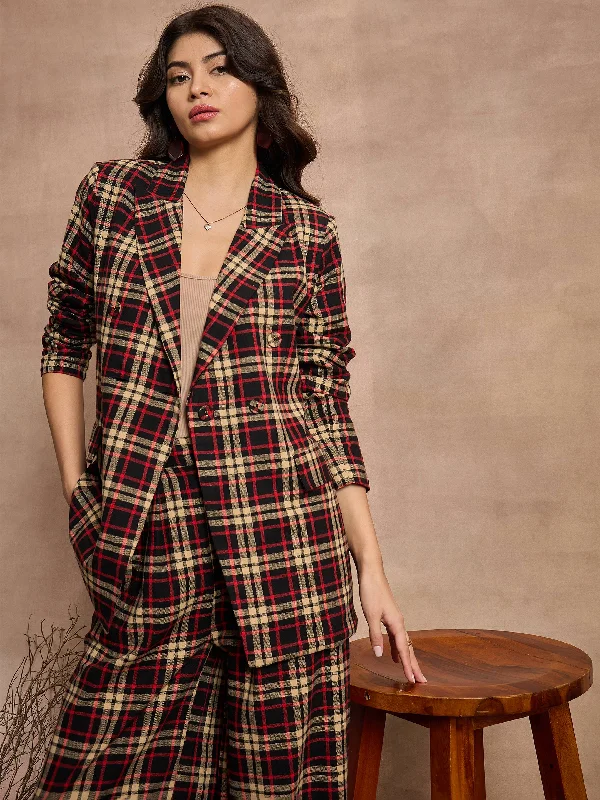 Women Black & Beige Check Double Breasted Blazer