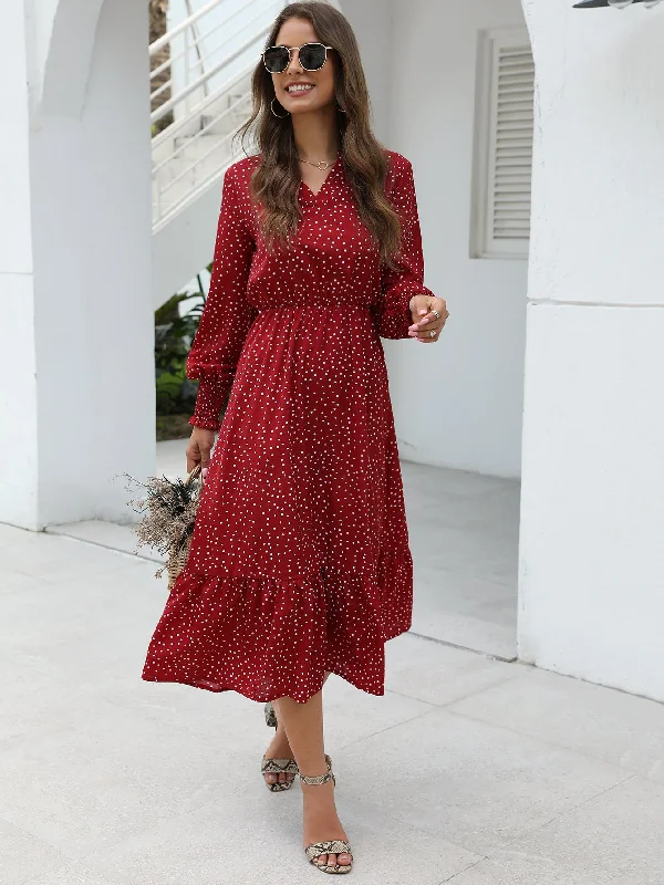 Polka Dot Shirred Long Sleeve V Neck Flounce High Waist Long Dress