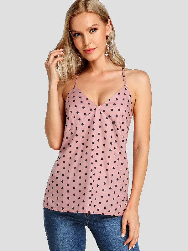 Wholesale V-Neck Polka Dot Criss-Cross Sleeveless Pink Camis