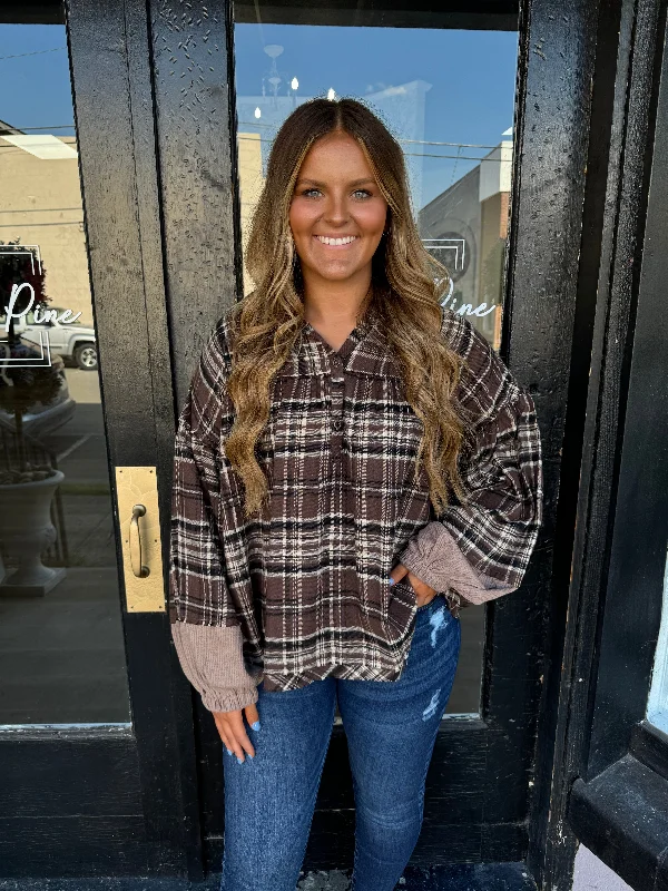 Brown plaid hooded button front top Hip Women's Urban
